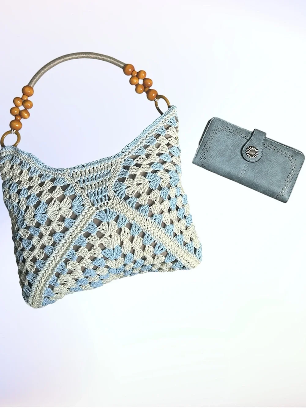 Handcrafted light blue & tan crochet bag and a coordinating light blue wallet